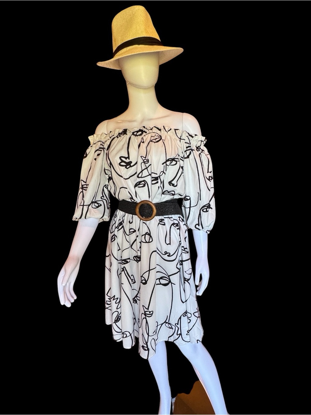 Off-Shoulder White & Black Face Print Dress with Belt